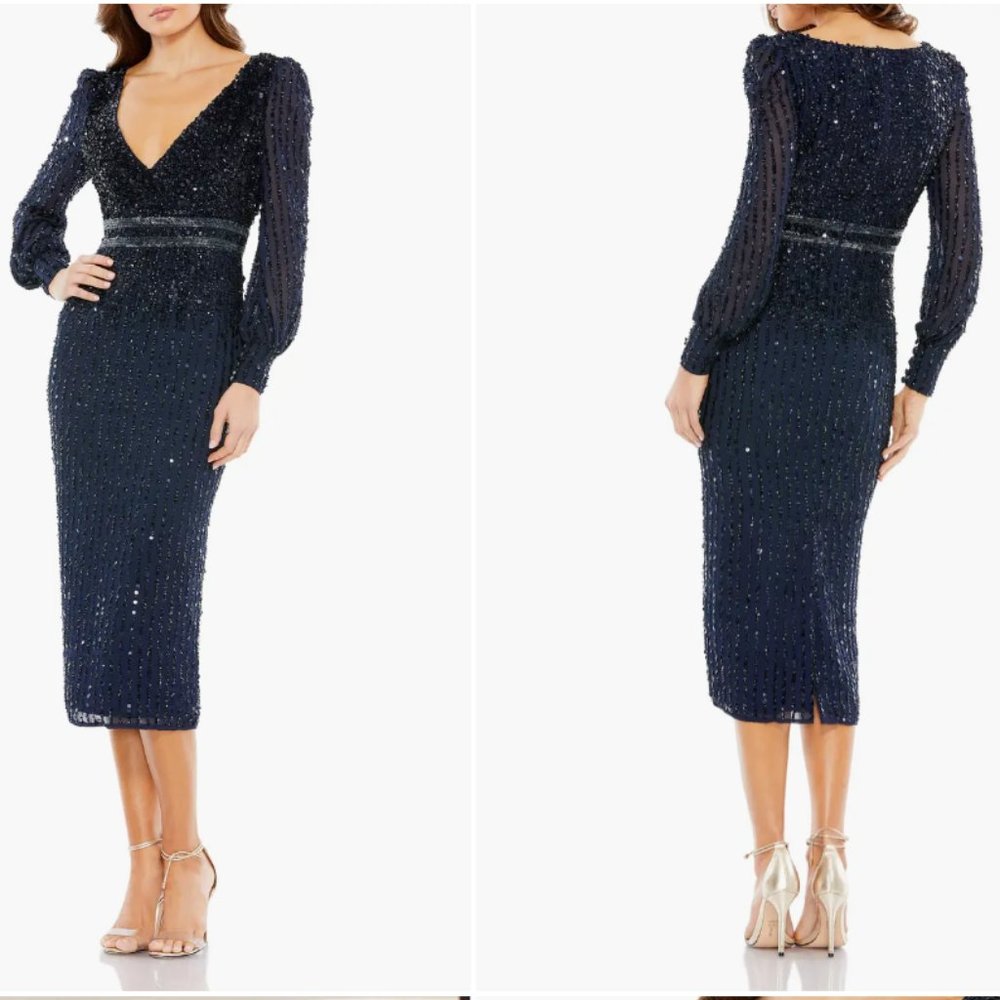 MAC DUGGAL 93593 SEQUIN LONG bishop SLEEVE MIDNIGHT NAVY MIDI DRESS sz 20